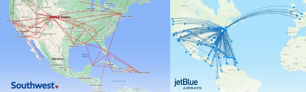 Route map of Southwest Airlines and JetBlue Airways